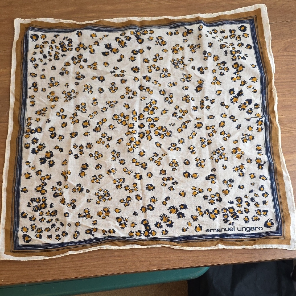 Emanuel Ungaro Cream Square Scarf/Bandana with Navy and Mustard Floral Print